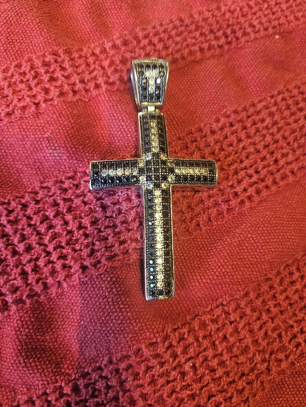 Silver Cross Pendant With Black And White Stones